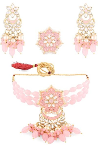 ZAVERI PEARLS Pink Meenakari Multistrand Kundan Choker Necklace Earring & Rin...