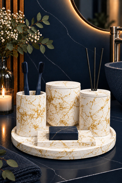 betonmall 6-Piece Marble Patterned Concrete Bathroom Set Toothbrush Holder So...