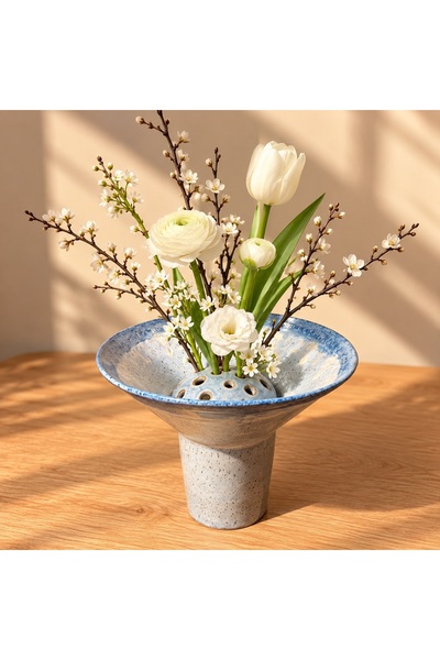 Ranowa Ceramic Blue Blossom İkebana El Yapımı Stoneware Çiçek Düzenleme Vazos...