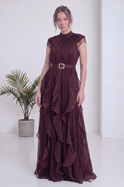 zks grup tekstil Women's Evening Dress Halter Neckline Ruffle Detail Belted B...