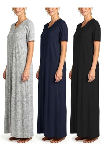 Real Essentials Women's Re Ladies Maxi Crew Ss Nightshirt Nightgown (pack of 3)