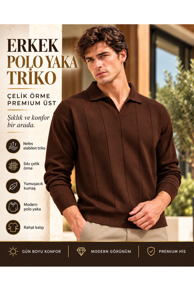 EKZMODA Men's polo collar vertical striped steel knit sweater – long sleeve r...