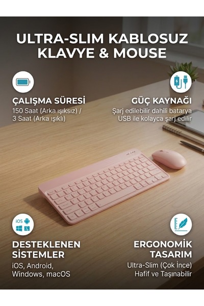 Genel Markalar Ultra-Slim Şarj Edilebilir Kablosuz Bluetooth Klavye ve Mouse ...