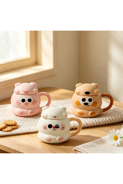 idei Cana ceramica 3D cu model animalut drăguț și capac, 400ml, înălțime 10cm...