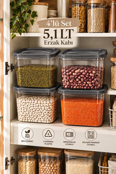 Porsima 0976 4'lü Kare Erzak Saklama Kabı Seti 5,1 LT Koyu Gri - Şeffaf Bakliyat, Deterjan & Mutfak Düzenleyici Kutu