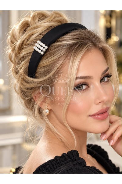 QUEEN AKSESUAR Luxurious Elegant Pearl Embellished Detailed Matte Satin Spong...