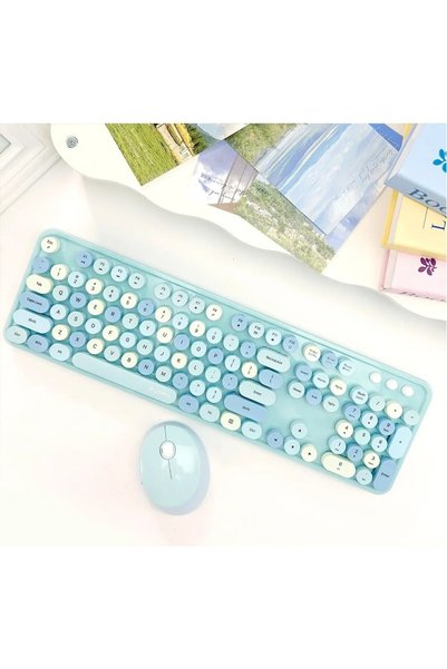 Mofii Sweet Kablosuz Klavye Mouse Seti 2.4g Retro Yuvarlak Tuşlu 104 Tuş Sessiz Renkli Set Mavi