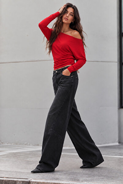 FEWTİNT Women's Red Off-The-Shoulder Boat Neck Long Sleeve Draped Waist Blouse