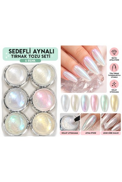 Pretty Beauty 6 Renk Sedefli Aynalı Tırnak Tozu Seti – Holografik Nail Art ve...