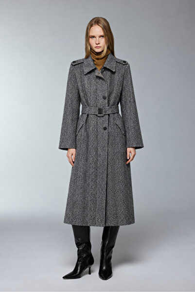Zühre Women's Gray Textured Belted Long Coat Gray 14207
