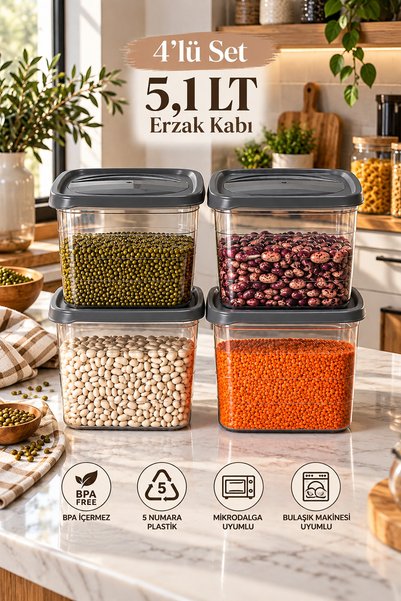 Porsima 0976 4'lü Kare Erzak Saklama Kabı Seti 5,1 LT Koyu Gri - Şeffaf Bakliyat, Deterjan & Mutfak Düzenleyici Kutu