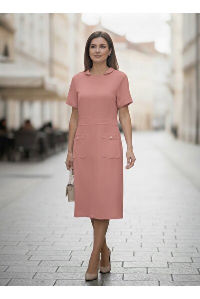 MILANO COLLECTION Rochie de Zi Dama Midi cu Guler Peter Pan si Buzunare, Mane...