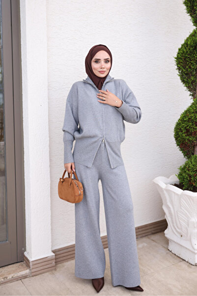 İmajButik Gray Corsman Zippered Cardigan and Trousers Knitwear Set
