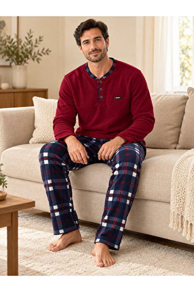 Lena Homewears Set de pijamale din fleece pentru bărbați, în carouri, cu nast...
