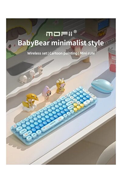 Mofii Baby Bear Kablosuz Klavye Mouse Seti 2.4g Ayıcık Tasarımlı 85 Tuş Kompakt Sevimli Set Mavi