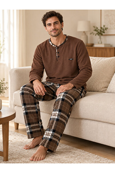 Lena Homewears Men's Plaid Detailed Buttoned Long Sleeve Fleece Pajama Set