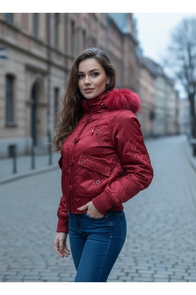 MILANO COLLECTION Geaca Dama de Iarna Scurta cu Gluga si Blana Rosie, Satinat...