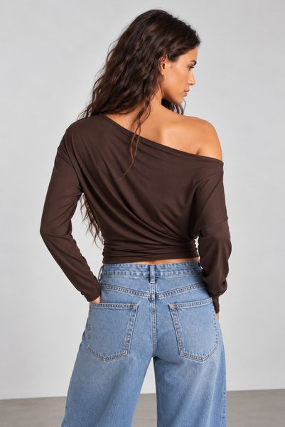 FEWTİNT Women's Brown Off-The-Shoulder Boat Neck Long Sleeve Draped Waist Blouse