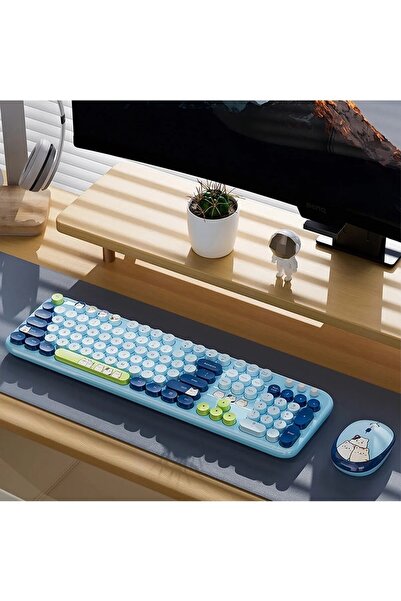 Mofii Silly Cat Kablosuz Klavye Mouse Seti 2.4g Kedi Tasarımlı 104 Tuş Sessiz Sevimli Ofis Seti Mavi