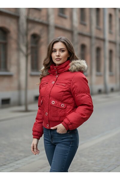 MILANO COLLECTION Geaca Dama de Iarna Scurta Matlasata cu Gluga si Blana Bej,...