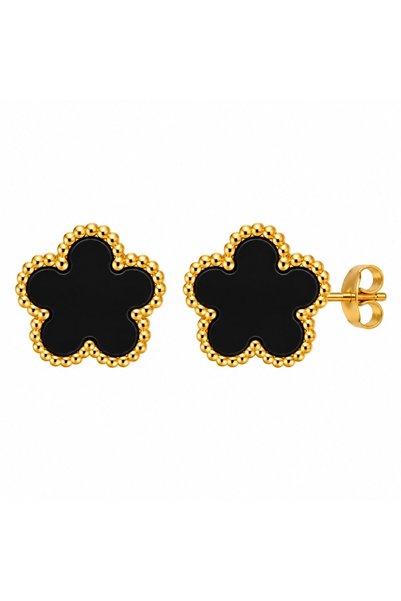 Daizy 5-leaf Clover Shaped Earrings Plated with 18K Gold - Black