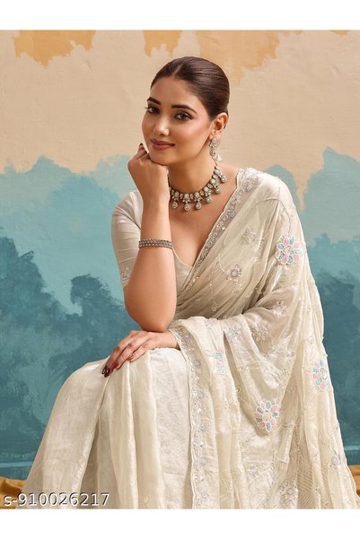 Generic Brand TTH Women's Embroidered Tissue Silk Saree with Blouse | Party Wear