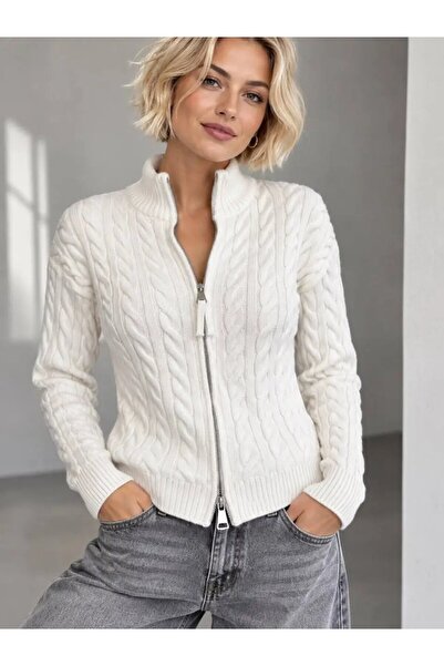 Park Karon Women's Hair Braided High Collar Knitwear Cardigan - Reversible Zi...