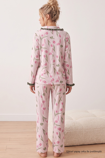 Siyah İnci Pembe Lale Desenli Bürümcük-Krınkıl Düğmeli Fırfırlı Pijama Takım 26223941-9