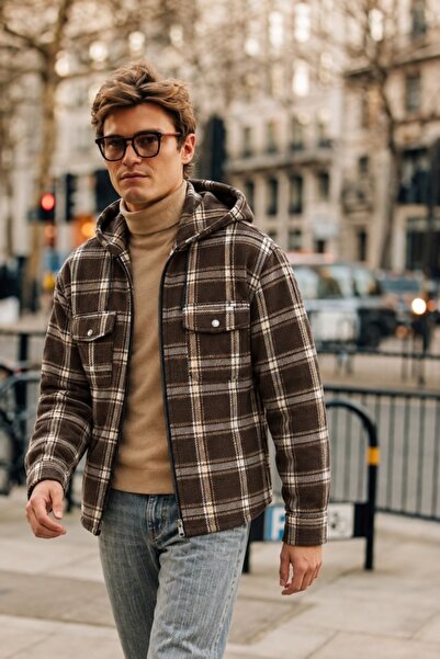 DAMGA JEANS Cămașă pentru bărbați, în carouri, maro, cu glugă și fermoar