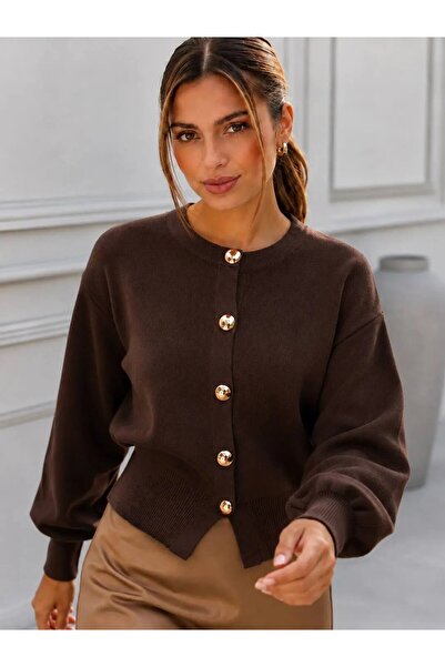 Park Karon Women's Gold Metal Buttoned Knitwear Cardigan Balloon Sleeve Crop ...
