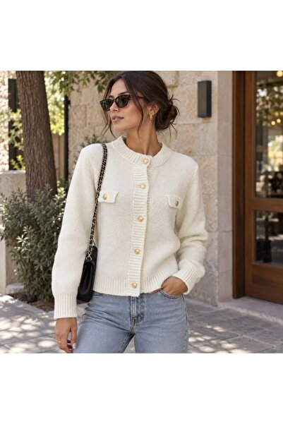 Park Karon Women's Premium Viscose Blended Gold Buttoned Knitwear Jacket - St...