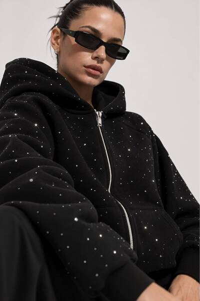 Hira Online Three-Threaded, Long-Sleeved, Zippered, Hooded, Stone Detailed Sw...