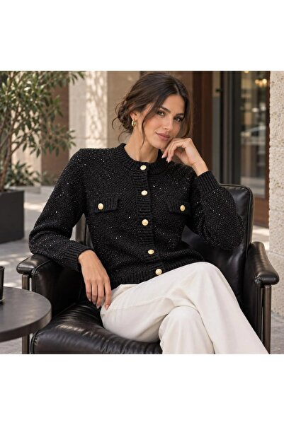 Park Karon Women's Premium Viscose Blended Gold Buttoned Knitwear Jacket - St...