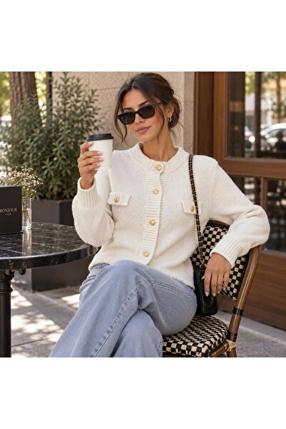 Park Karon Women's Premium Viscose Blended Gold Buttoned Knitwear Jacket - Standard Size Cardigan 8750