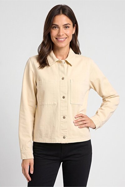 Threadbare Women Long Sleeve Solid Denim Jacket Shirt, Beige