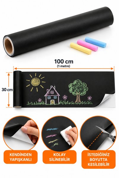 Dükkan Yapışkanlı Kara Tahta Folyo 30x100 cm – Kendinden Yapışkanlı, Silinebi...