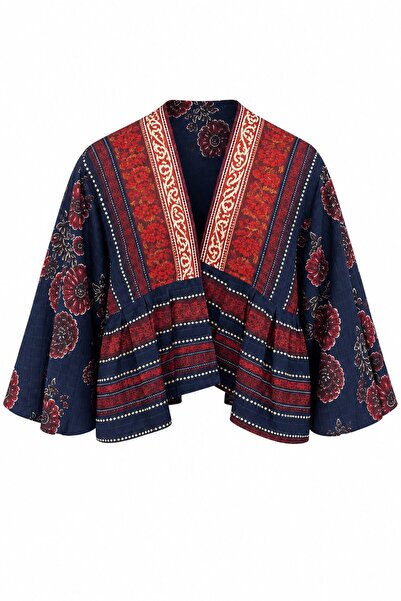 Laluvia Navy Blue Ethnic Patterned V-Neck Jacket - 8692