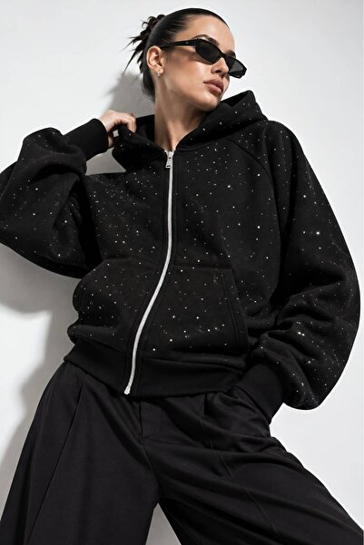 Hira Online Three-Threaded, Long-Sleeved, Zippered, Hooded, Stone Detailed Sweatshirt