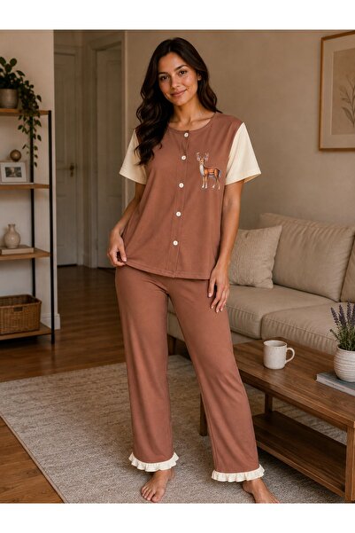DOLCE KİDS 100% Cotton Women's Short Sleeve Six Long Buttoned Pajama Set