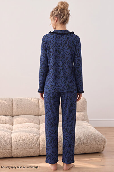 Siyah İnci Lacivert Desenli Bürümcük-Krınkıl Düğmeli Fırfırlı Pijama Takım 26223941-7