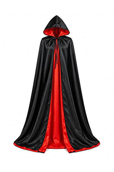 PARTİPORT Kırmızı Kapüşonlu 160 CM Pelerin Çift Taraflı Cadı Pelerini Halloween Kostüm Pelerini Yetişkin