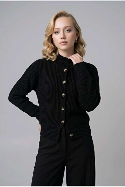 Gülçin Coşkun High-Necked Collar Fit and Flare Buttoned Women's Knitwear Card...