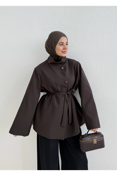 MODA AKSA DİK YAKA DÜĞMELİ CEKET KAHVE