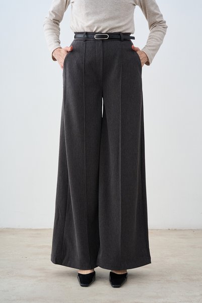LOCCO Double Pocket Belted Grass Detail Wide Leg Trousers Anthracite