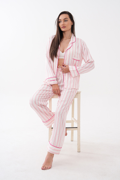 LULUS FRİENDS Lulu's Friends Shirt Collar Front Buttoned Long Sleeve Pocketed Trouser Set Striped Logo and Heart Print Detailed Sleeve and Pocket Embroidery Detailed Woven Viscose Fabric Women's Pajama Set