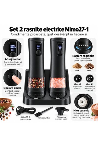 OEM Set 2 rasnite electrice pentru sare si piper, statie de incarcare, 2 viteze, granulatie reglabila, display LED, USB-C, 100 ml, negru
