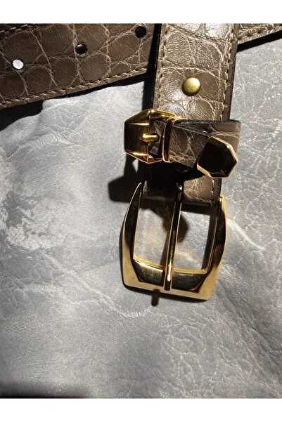 OSM Brown Taupe Women's Belt with Massive Golden Buckle and Crocodile Texture