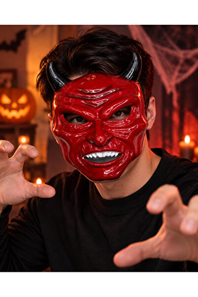 PARTİPORT Kırmızı Boynuzlu Şeytan Maskesi Halloween Kostüm Maskesi – Lastikli Parti Aksesuarı