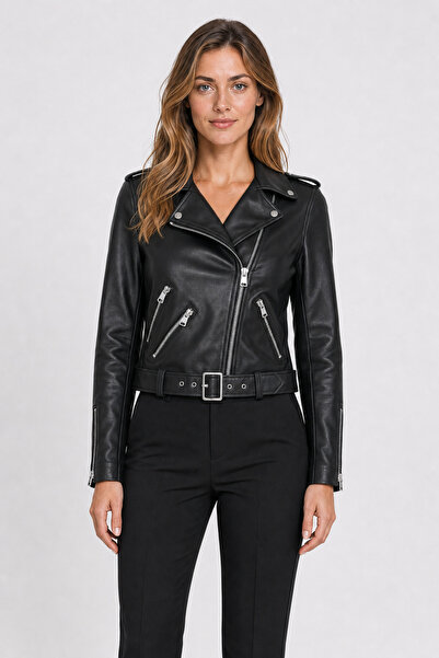 Firststops Women's Black Belt Detailed Zippered Crop Leather Jacket