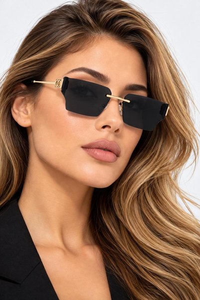 ModaLucci Premium Unisex Çerçevesiz Güneş Gözlüğü – Gold Metal Detaylı, Dikdörtgen Kesim, Modern ve Lüks Tasarım